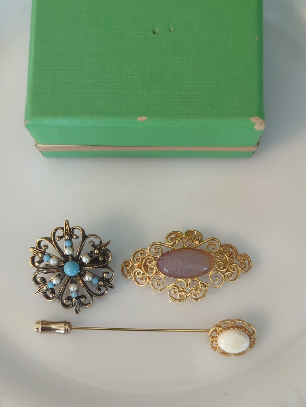 12K Gold Filigree Brooch with Scarab, Opal Hat Pin and Pearl Bead Brooch